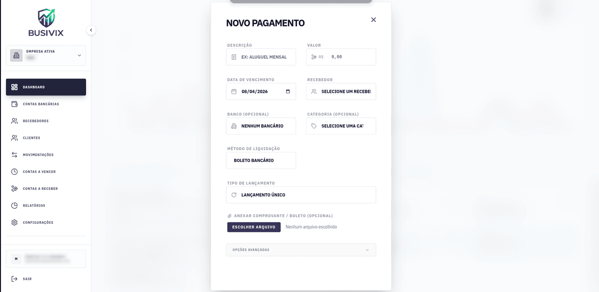 Formulário de lançamento de conta